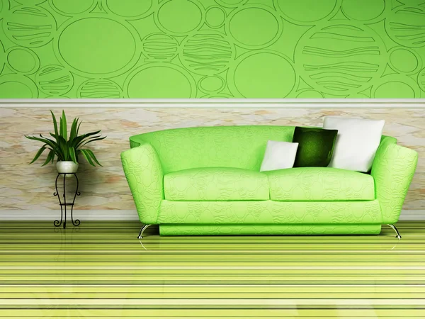 Helles Interieur mit einem schönen Sofa und einer Pflanze — Stockfoto