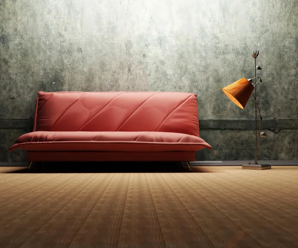 Cena de design interior com um sofá e uma lâmpada de assoalho — Fotografia de Stock