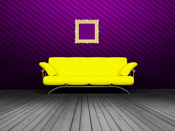 Diseño interior moderno de sala de estar con un sofá amarillo — Foto de Stock