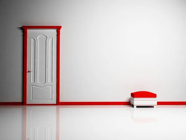 Vita och röda klassiska dörr och en sittpuff i tomma rum Royaltyfria Stockfoton