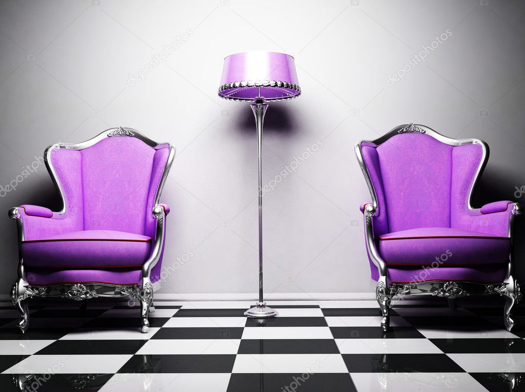 Interior design with two violet classic elegant armchairs and a