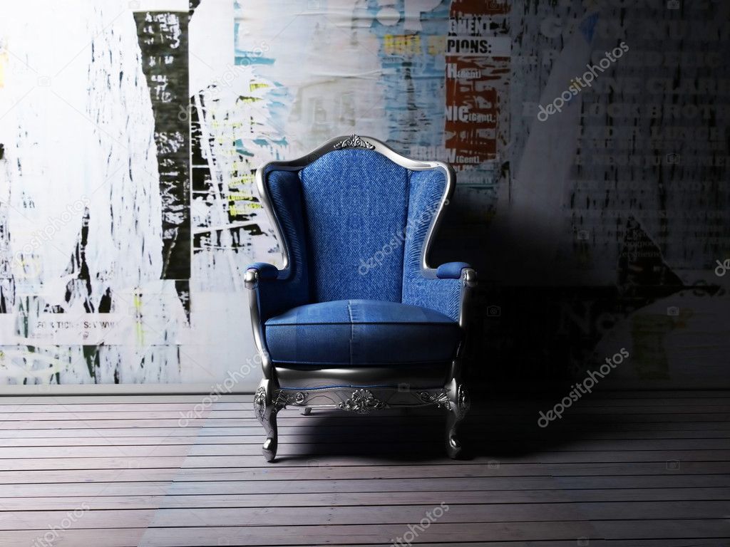 Interior design scene with an armchair in grunge style