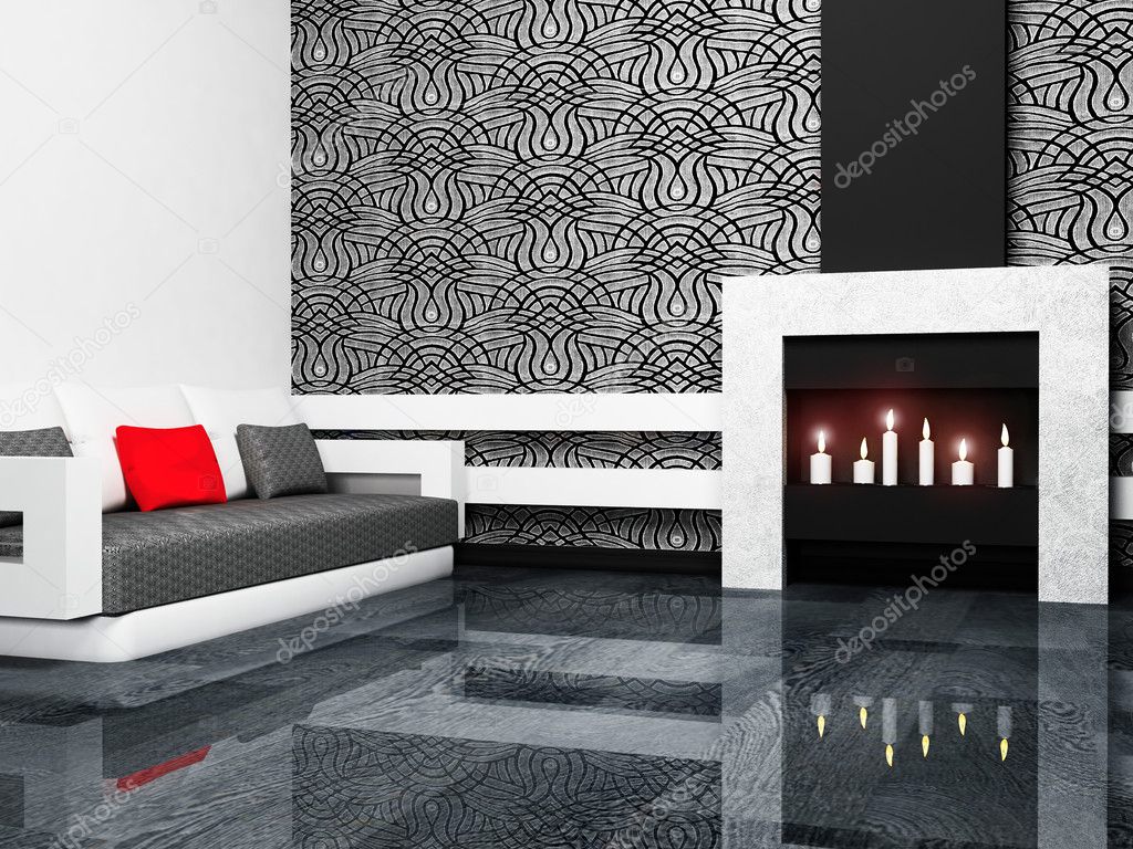 Modern interior design of living room with a fireplase and a so