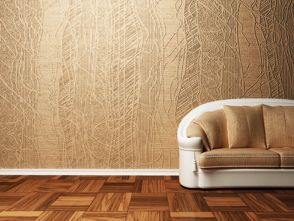Scena di design interno con un bel divano marrone — Foto Stock