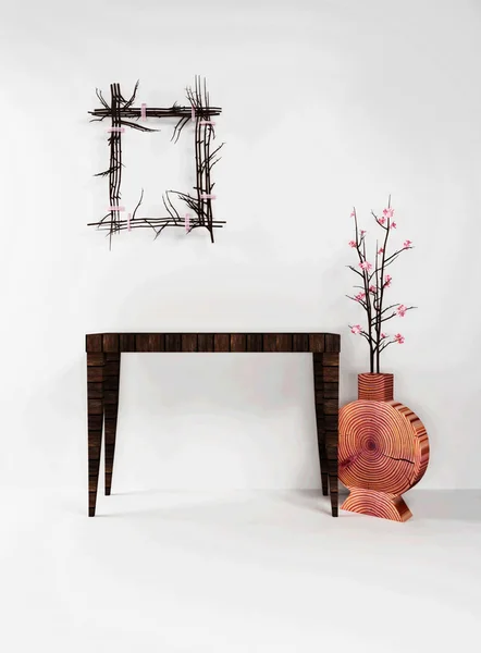 Holztisch, Rahmen und Vase — Stockfoto