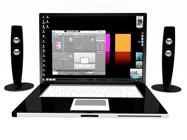 Czarny laptop i dwa głośniki — Zdjęcie stockowe