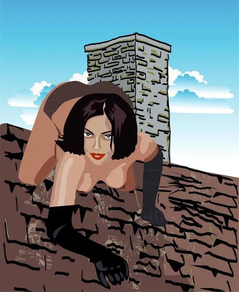 Женщина в черных перчатках ползает по крыше — стоковый вектор