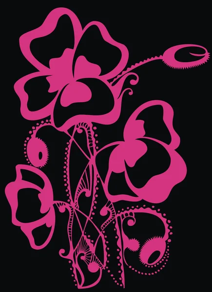 黑色背景上的粉红罂粟花卉剪影 — 图库矢量图片