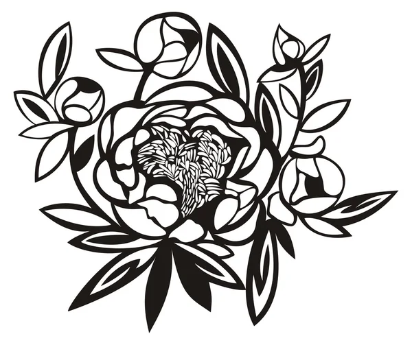 Silueta de flor de peonía negra sobre fondo blanco - ornamento vectorial — Vector de stock
