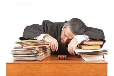 Male judge sleeping over the files clipart