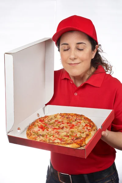 Pizza levering vrouw — Stockfoto