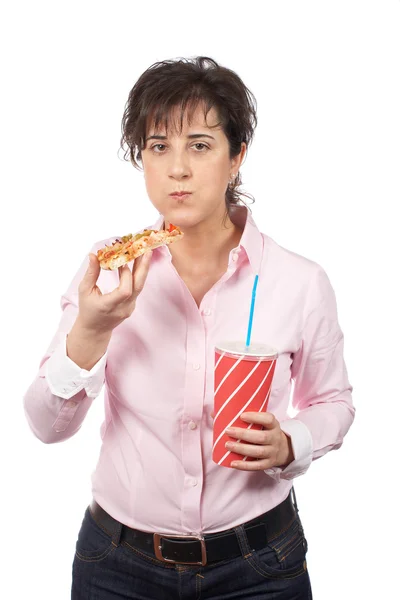 Casual woman eating pizza — Stock Photo, Image