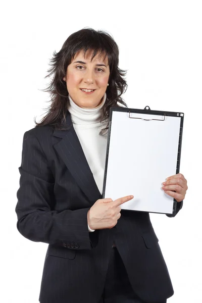 Mulher de negócios mostrando uma folha em branco — Fotografia de Stock