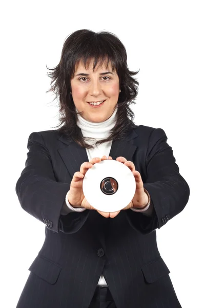 Donna d'affari in possesso di un disco dvd — Foto Stock