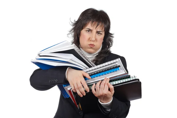 忙しいビジネスの女性を運ぶ積み上げファイル — ストック写真