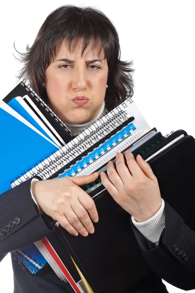 Busy business woman carrying stacked files — Stock Photo, Image