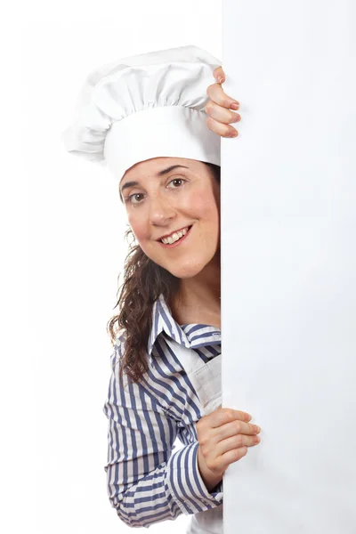 Sorrindo curioso cozinheiro mulher — Fotografia de Stock