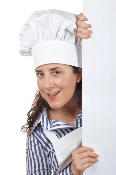 Χαμογελώντας περίεργος μάγειρας γυναίκα — Φωτογραφία Αρχείου