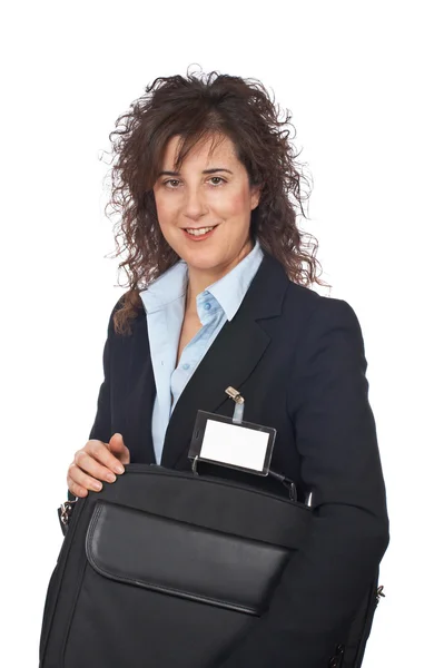 Mulher de negócios segurando um saco de laptop — Fotografia de Stock