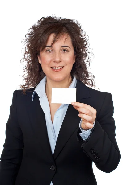 Business woman holding one blank card — Stock Photo, Image