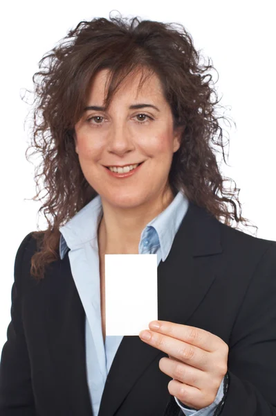 Bir boş kartı tutan bir iş kadını — Stok fotoğraf