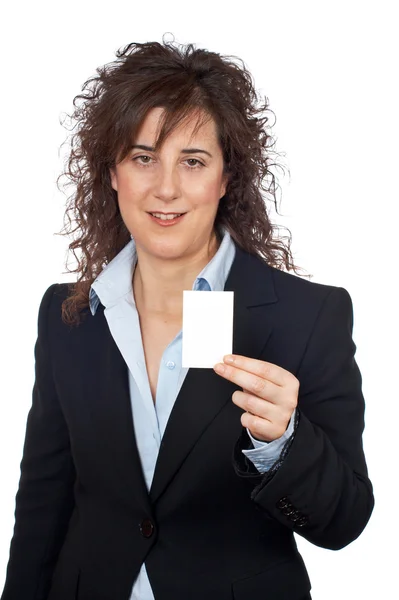 Affärskvinna som innehar ett tomt kort — Stockfoto