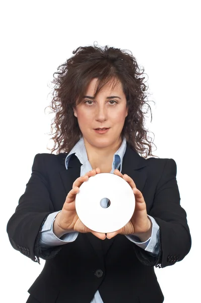 Mujer de negocios sosteniendo un disco DVD — Foto de Stock