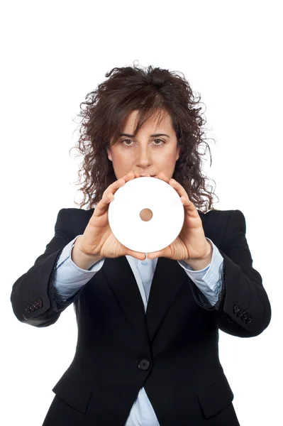 Γυναίκα των επιχειρήσεων κρατώντας ένα δίσκο dvd — Φωτογραφία Αρχείου