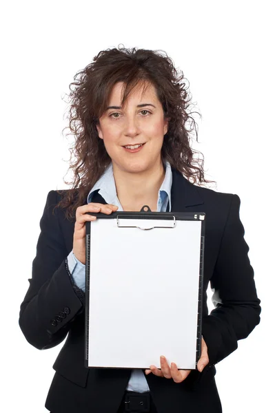 Mulher de negócios mostrando um caderno — Fotografia de Stock