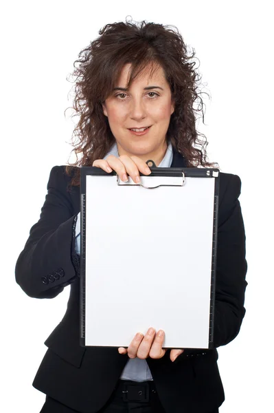 Γυναίκα των επιχειρήσεων δείχνει ένα σημειωματάριο — Φωτογραφία Αρχείου
