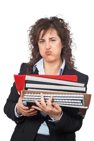 Mujer de negocios ocupada llevando archivos apilados —  Fotos de Stock