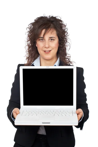 Business woman showing a laptop — Stock Photo, Image