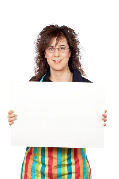 Dona de casa em avental segurando o banner em branco — Fotografia de Stock