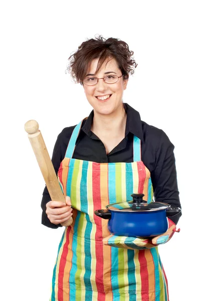 Holding a blue pan and wooden rolling — Stock Photo, Image