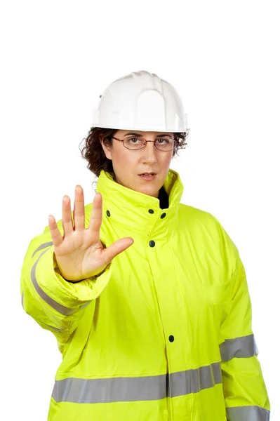Στάση λέει εργαζόμενος κατασκευή θηλυκό — Φωτογραφία Αρχείου