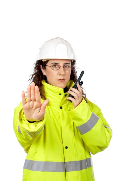 Parlare con un walkie talkie e gli ordini di smettere — Foto Stock