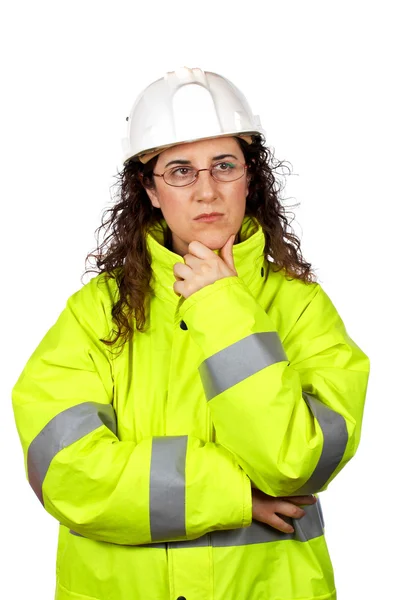 Worried female construction worker — Stock Photo, Image