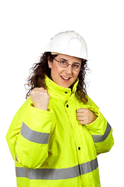 Vrouwelijke bouwvakker een sms versturen — Stok fotoğraf