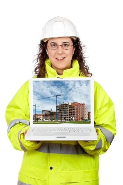 Mostrando una costruzione di edificio sul computer portatile — Foto Stock
