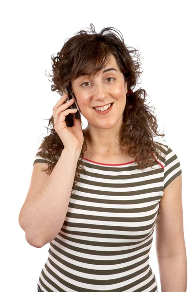 Lachende student vrouw praten met telefoon — Stockfoto