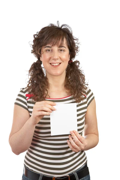 Woman holding one blank card — Stockfoto
