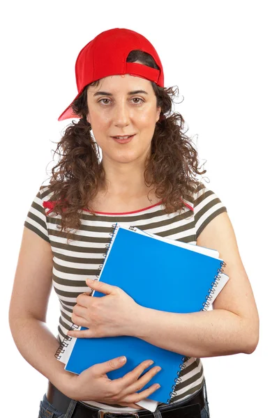 Mulher estudante com boné vermelho — Fotografia de Stock