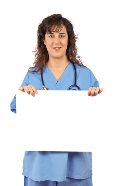 Γυναίκα γιατρό κρατώντας στο κενό πανό — Φωτογραφία Αρχείου