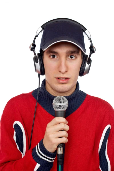 Disc jockey with headphones and microphone — Stock Photo, Image