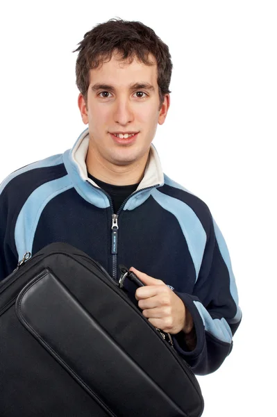 Teenager drží laptop vak — Stock fotografie