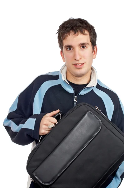 Teenager drží laptop vak — Stock fotografie