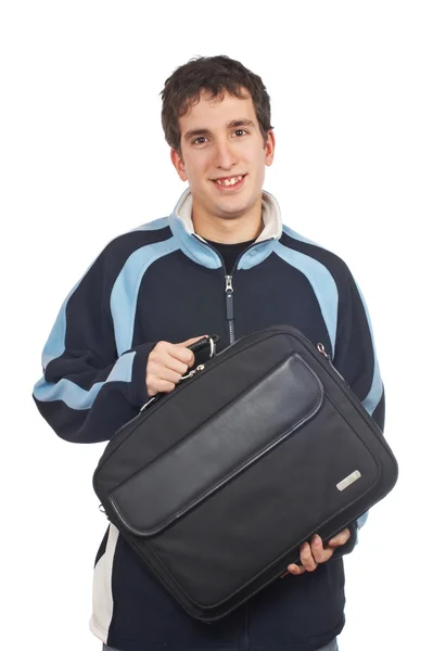 Adolescente segurando um saco de laptop — Fotografia de Stock
