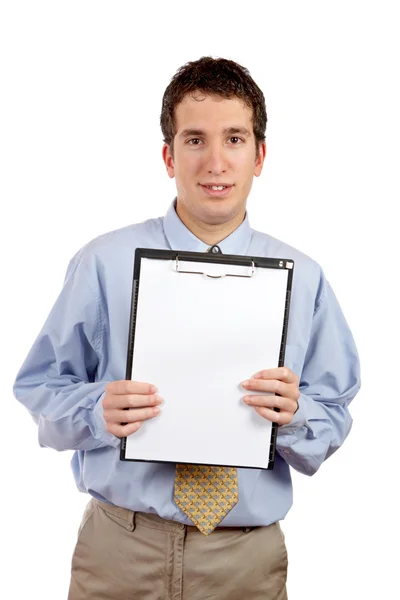 Un hombre de negocios sonriente mostrando un portapapeles —  Fotos de Stock