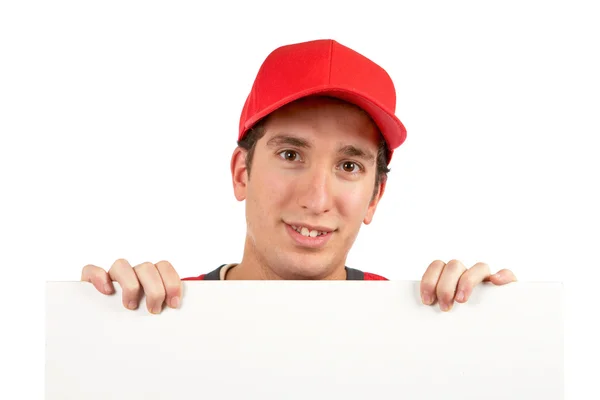 Ciekawy nastolatek za afisz biały — Zdjęcie stockowe