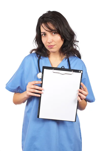 Жінка-лікар, що показує порожній кишеню — стокове фото